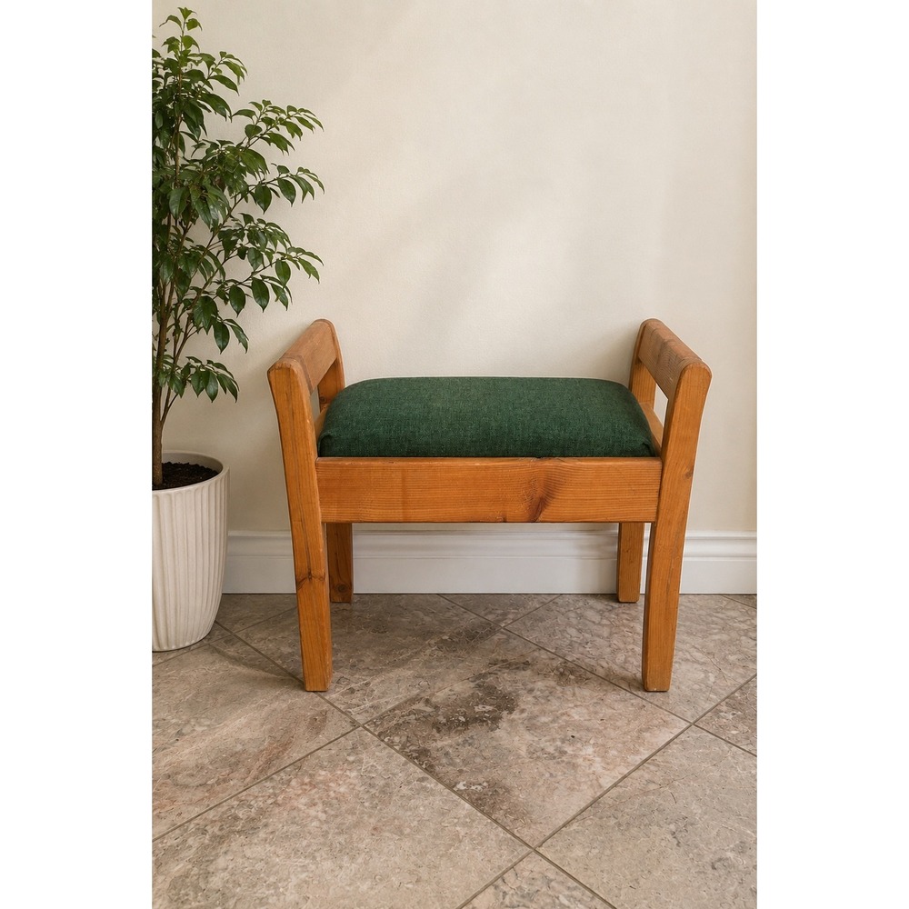 Vintage Pine Wood Footstool Ottoman Green Cushion Rustic Handmade Farmhouse